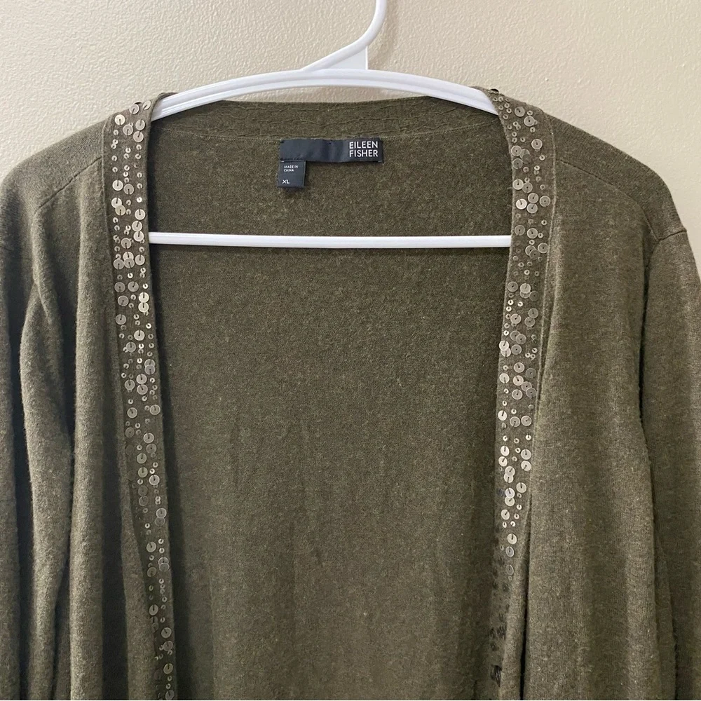 Eileen Fisher cardigan women's size xl knit sequin green open front cashmere